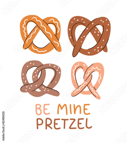 Cute pretzel love card design with lettering. Vector bakery sillustration in hand-drawn style. Set of stylized pretzels isolated on white background. 