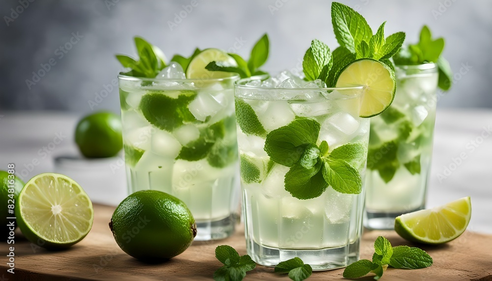 Mojito cocktail with lime and mint on a grey background, commercial photo for marketing use
