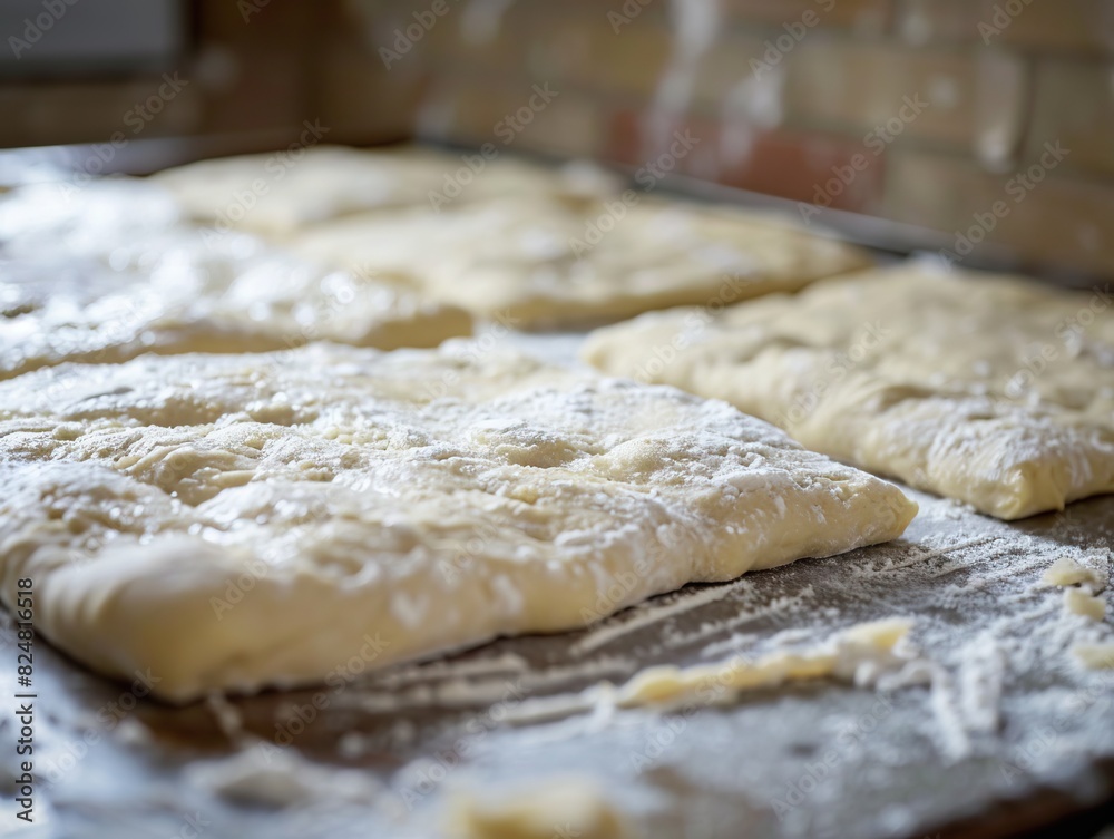 Close-up view of dough slowly rising and expanding on a baking sheet, depicting the process of fermentation and preparation for baking delicious homemade bread or pastry. Close-up view of dough slowly rising and expanding on a baking sheet, depicting the process of fermentation and preparation for baking delicious homemade bread or pastry.