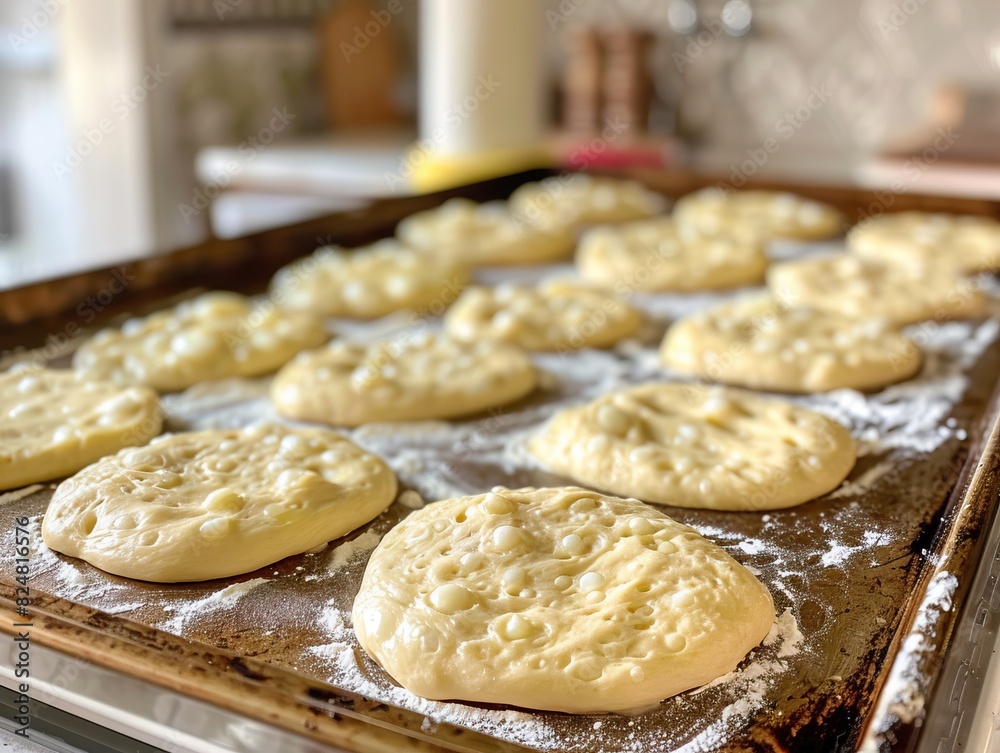Close-up view of dough slowly rising and expanding on a baking sheet, depicting the process of fermentation and preparation for baking delicious homemade bread or pastry. Close-up view of dough slowly rising and expanding on a baking sheet, depicting the process of fermentation and preparation for baking delicious homemade bread or pastry.
