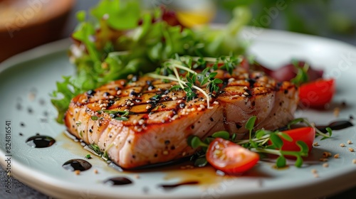 Image of a grilled tuna steak served with a side of mixed greens and a drizzle of balsamic glaze