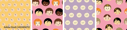 Four repeatable patterns, pleasant girlish faces. Colorful vector simple elements, woman image, endless background.