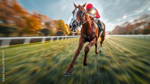 The racehorse and jockey are sprinting down the track with a vivid sense of motion in the image due to the motion blur and sharp equine focus © familymedia
