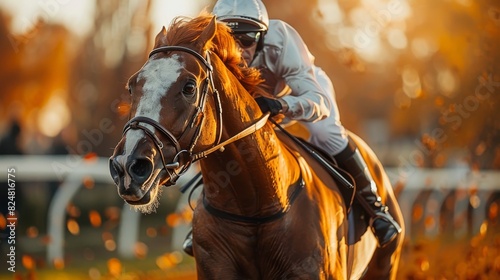 Close-up image of a horse and jockey racing with golden sunlight highlighting their intensity and focus during the competition