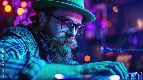 Bearded man wearing green hat and glasses playing synthesizer photo