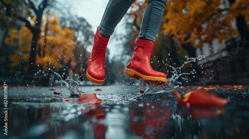 On a rainy day, red rubber boots gleefully splash in a puddle, sending droplets of water scattering in all directions