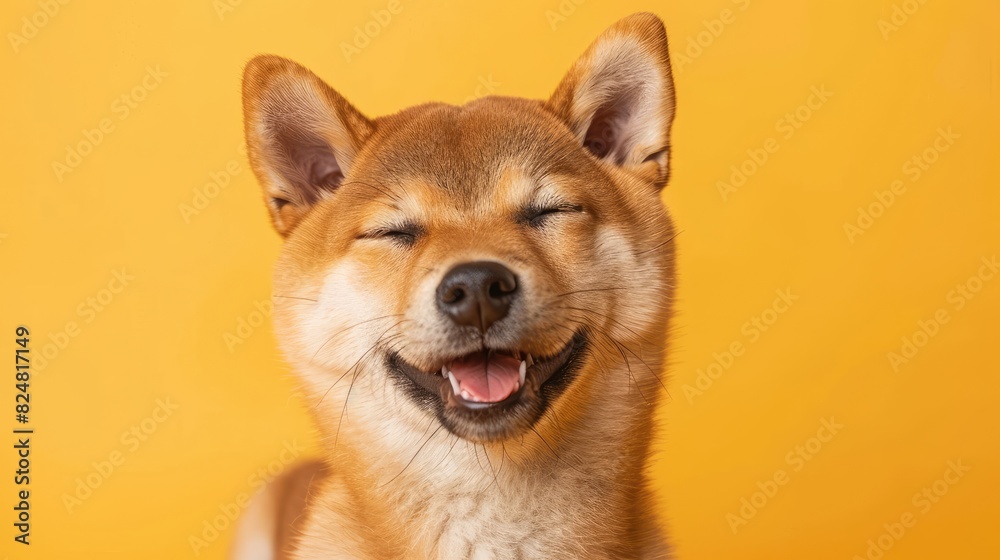 A happy Shiba Inu dog with eyes closed and a big smile on its face.
