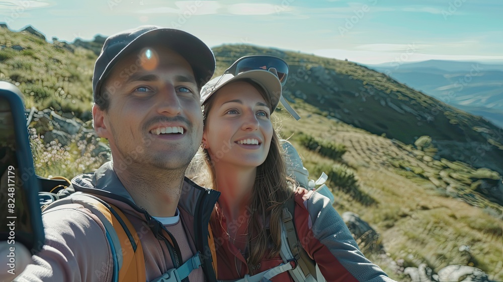 a couple in love takes a selfie against the background of mountains. Selective focus