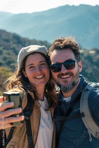 a couple in love takes a selfie against the background of mountains. Selective focus