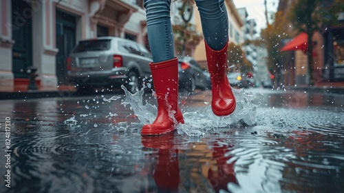 Red rubber boots splashing in a puddle on a rainy day
