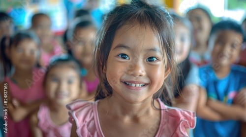Little girl smiling in a classroom full of children.