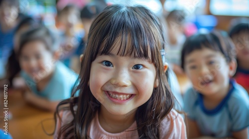 Happy smiling little Asian girl sitting in classroom with classmates in background.