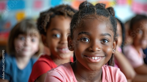 A young girl smiles at the camera while sitting in a classroom with her classmates.