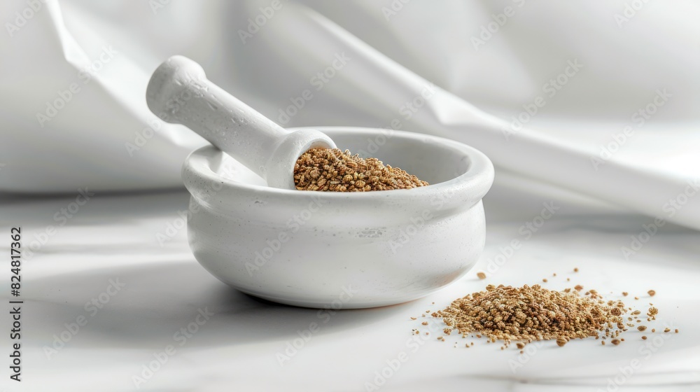 Image of a mortar and pestle with freshly crushed coriander seeds,