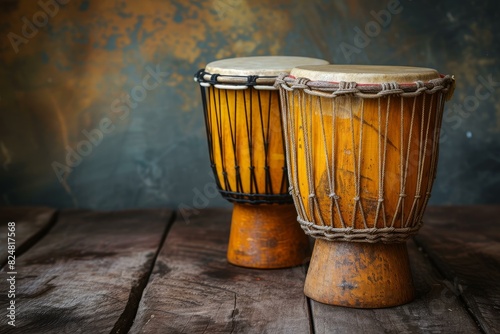 Two authentic african djembe drums positioned on rustic wood with a moody, artistic backdrop