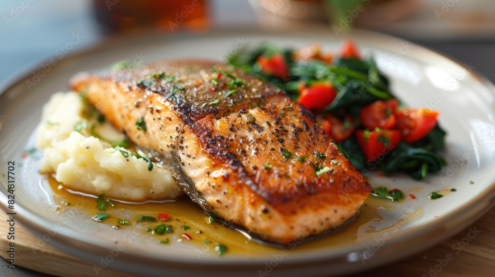 pan-fried trout steak with a side of garlic mashed potatoes and sauteed spinach pan-fried trout steak with a side of garlic mashed potatoes and sauteed spinach