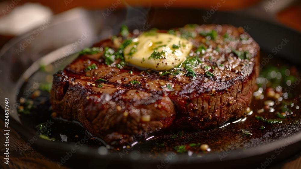 Image of a porterhouse steak sizzling on a cast-iron skillet with melting herb butter on top Image of a porterhouse steak sizzling on a cast-iron skillet with melting herb butter on top