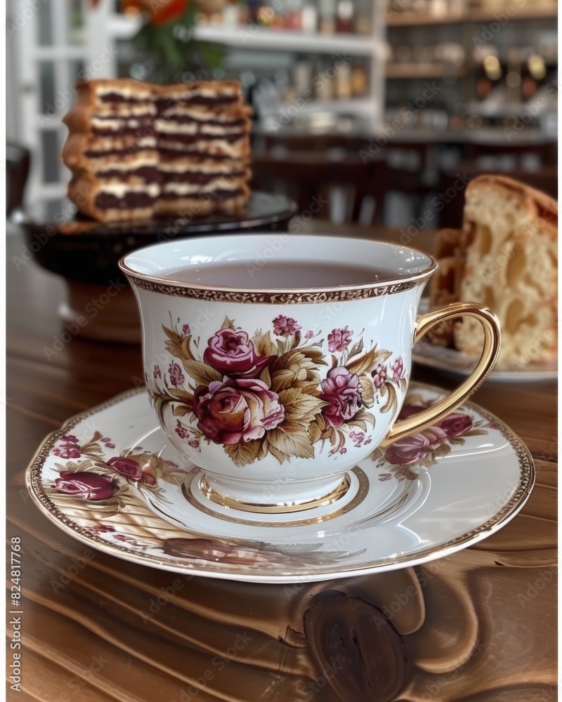 Aesthetic closeup of a porcelain tea cup with saucer, boasting intricate floral patterns, on a wooden table with blurred pastries in the background Aesthetic closeup of a porcelain tea cup with saucer, boasting intricate floral patterns, on a wooden table with blurred pastries in the background