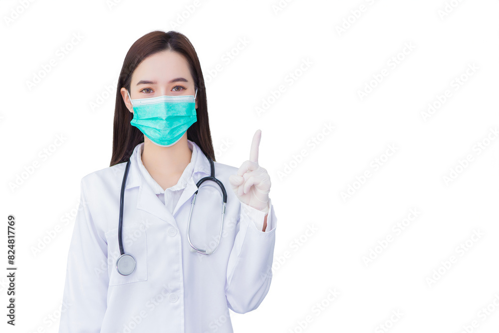 Young professional asian woman doctor who wears medical face mask rubber glove to protect health is pointing up to present something while isolated white background. Young professional asian woman doctor who wears medical face mask rubber glove to protect health is pointing up to present something while isolated white background.