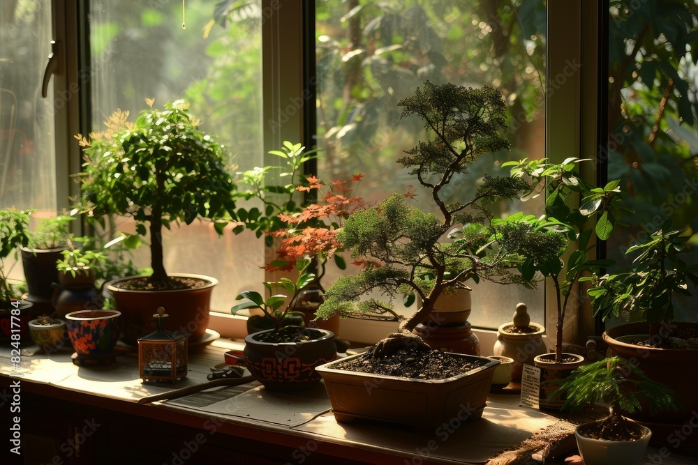 Peaceful array of bonsai trees basking in the warm sun by a window