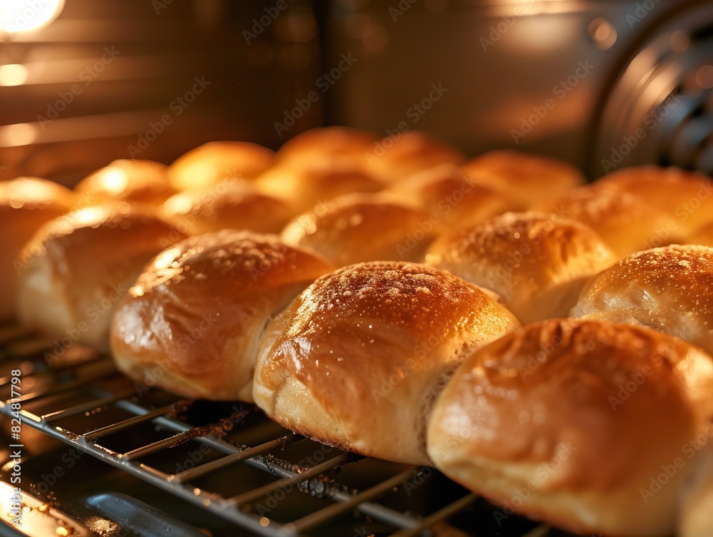 Close-up image of mouthwatering rolls with a golden-brown crust baking in the oven, emitting an irresistible aroma that fills the frame, evoking a sense of warmth and home comfort. Close-up image of mouthwatering rolls with a golden-brown crust baking in the oven, emitting an irresistible aroma that fills the frame, evoking a sense of warmth and home comfort.