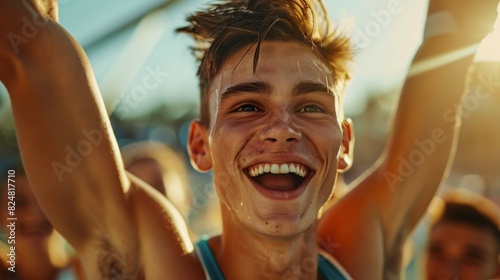 pole vaulter's joyful expression after landing a successful jump, with teammates applauding photo