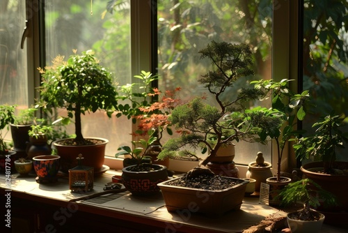 Peaceful array of bonsai trees basking in the warm sun by a window