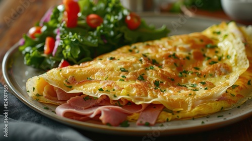 a savory crepe with ham, cheese, and a side salad