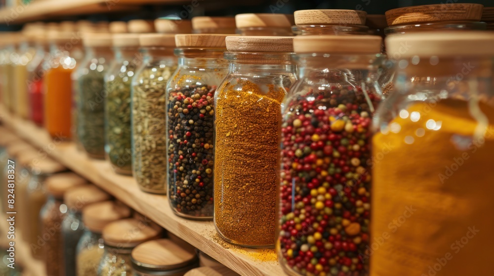 Image of a spice rack filled with various glass jars of spices Image of a spice rack filled with various glass jars of spices