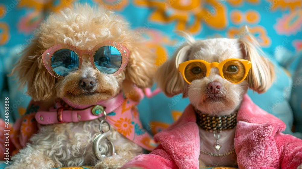 Cute curly-haired poodle wearing heart-shaped sunglasses and a fashionable necklace