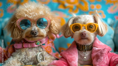 Cute curly-haired poodle wearing heart-shaped sunglasses and a fashionable necklace