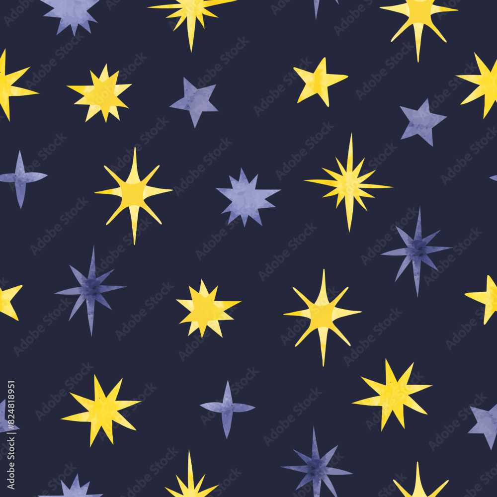 Watercolor star seamless pattern. Hand drawn yellow and blue stars. Night sky Watercolor star seamless pattern. Hand drawn yellow and blue stars. Night sky
