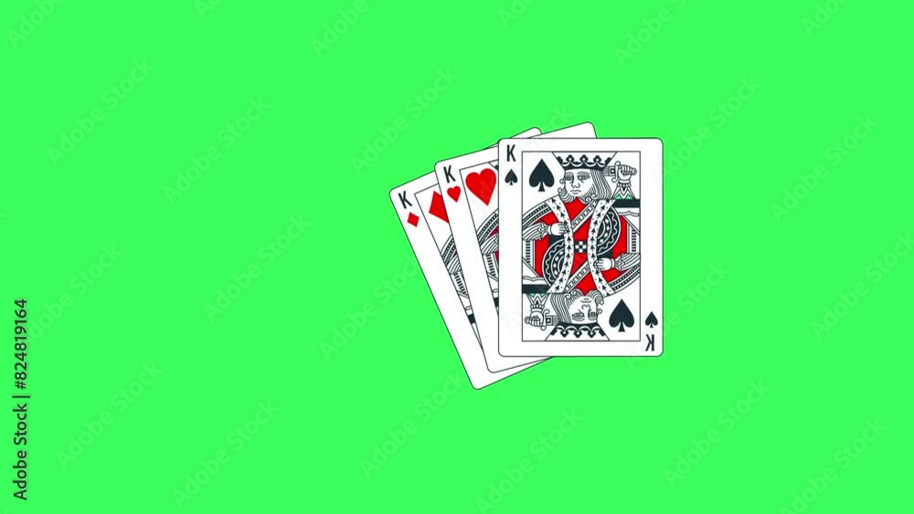 2D animation of playing cards. All four king cards making a fan ...