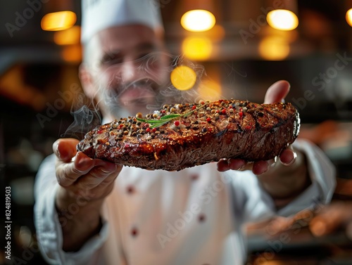 Close-up shot capturing a professional chef passionately explaining the preparation of a premium meat dish, showcasing the chef's expertise and dedication to creating culinary delights.