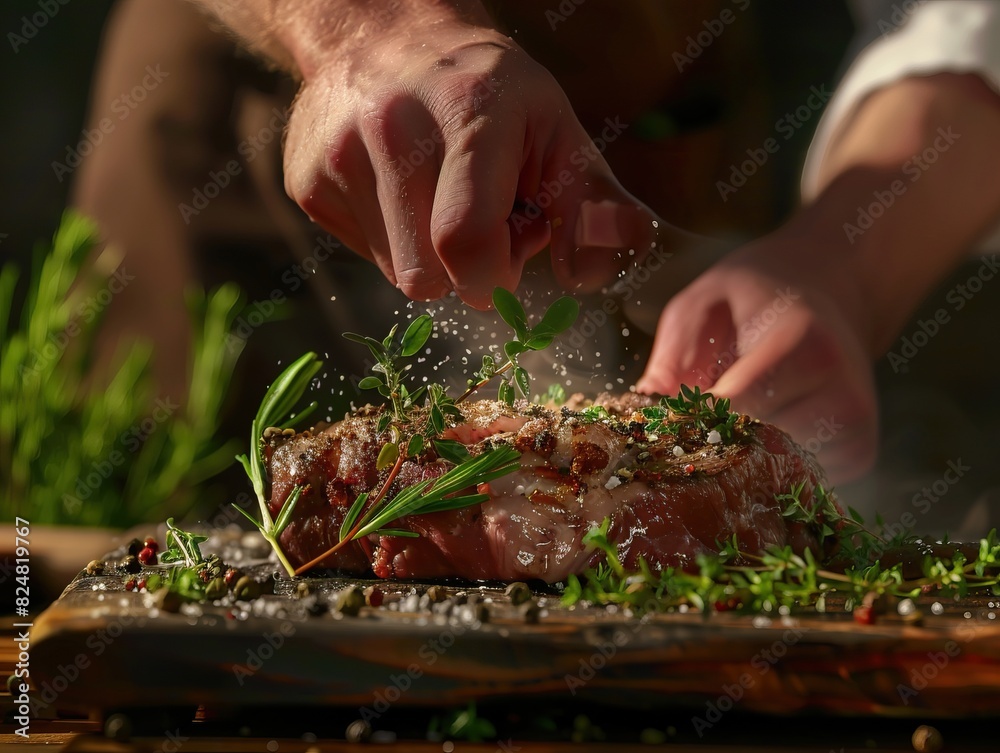 Experienced professional chef wearing white uniform, carefully sprinkling a piece of raw meat with a selection of fresh aromatic herbs and spices in a spacious, well-lit kitchen setting.