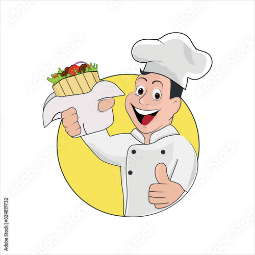 the cook holds out the shawarma with a smile