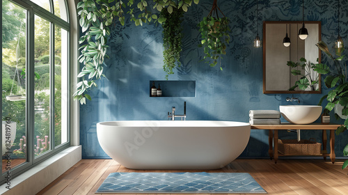 A serene bathroom with tranquil blue walls and a pristine white bathtub  creating a peaceful and relaxing atmosphere