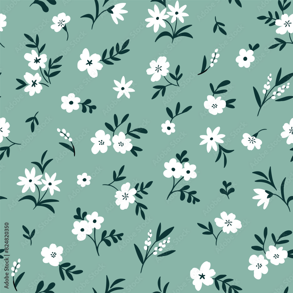 Ditsy floral seamless pattern. Set of summer daisy white flowers on mint background. Simple flat modern drawing. Floral seamless texture for textile and fashion design. Spring botanical print Ditsy floral seamless pattern. Set of summer daisy white flowers on mint background. Simple flat modern drawing. Floral seamless texture for textile and fashion design. Spring botanical print