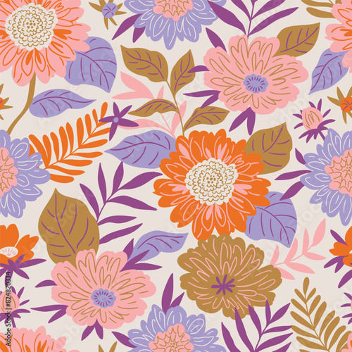 Vector chrysanthemum seamless pattern design. Stylized beautiful flowers on light background. Vector natural seamless flower texture. Botanical illustrated print in hand-drawn style.
