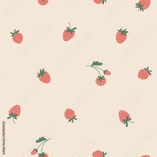 Strawberry vector seamless pattern. Red berry on light beige background. Cute fruit seamless print for fabric or wrapping paper design. 