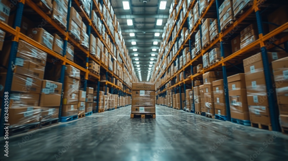 Rows of shelves with goods boxes in modern industry warehouse Rows of shelves with goods boxes in modern industry warehouse
