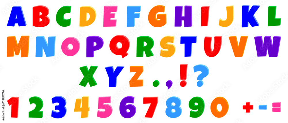 Fun 3D English alphabet and numbers for learning, games and design. Colored letters set for school, vector.
Fun 3D English alphabet and numbers for learning, games and design. Colored letters set for school, vector.