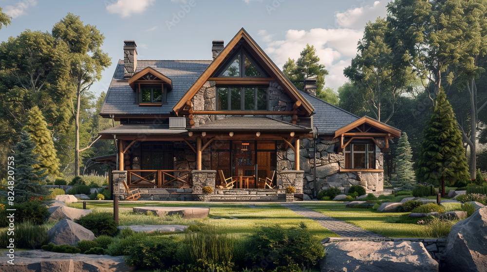 A Craftsman house with a natural stone facade, each stone's unique texture captured in the image 