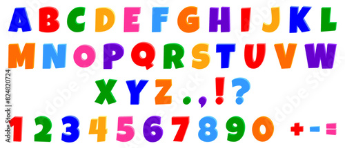 
Fun 3D English alphabet and numbers for learning, games and design. Colored letters set for school, vector.