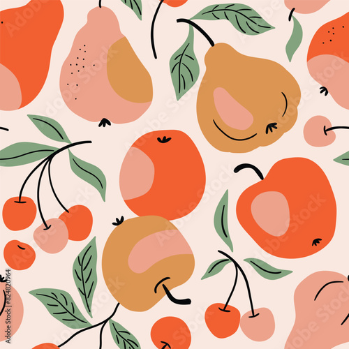 Vector fruit seamless pattern in hand-drawn style. Vector repeat background for colorful cherry, pears and apples. Autumn harvest illustration.