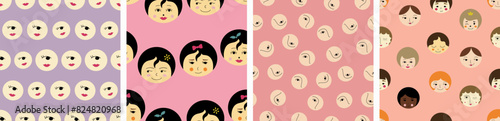 Collection of four creative patterns, young girlish faces. Continuous flat vector illustration, female look, repeatable background.
