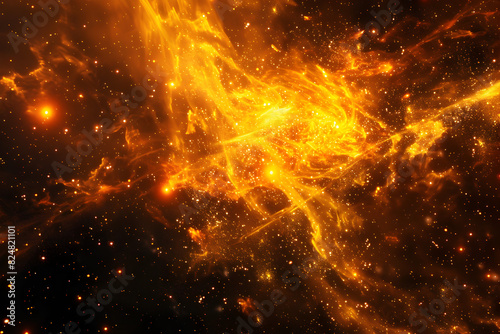 Vibrant orange and yellow neon galaxy. Bright and colorful art on black background.