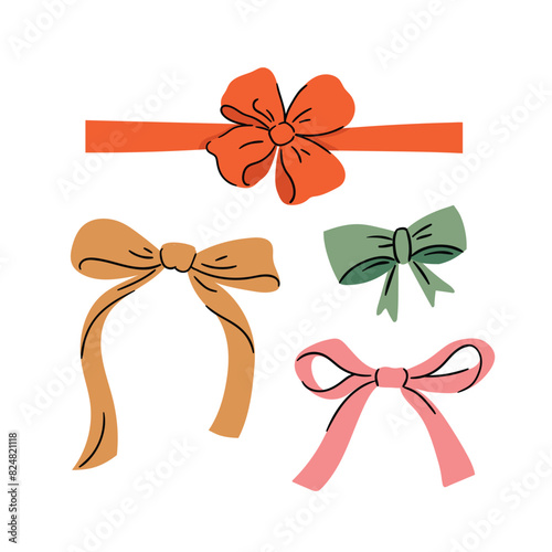 Vector colorful Bow knots, gift bows collection. Hand drawn bow set on white background Wedding celebration, holiday, party decoration, gift, present concept. 