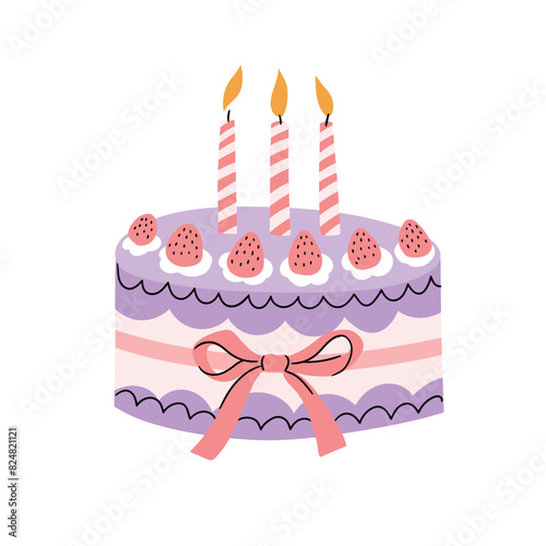 Birthday cake with candles and bow isolated on white background. Strawberry hand drawn cake. Vector happy birthday illustration  