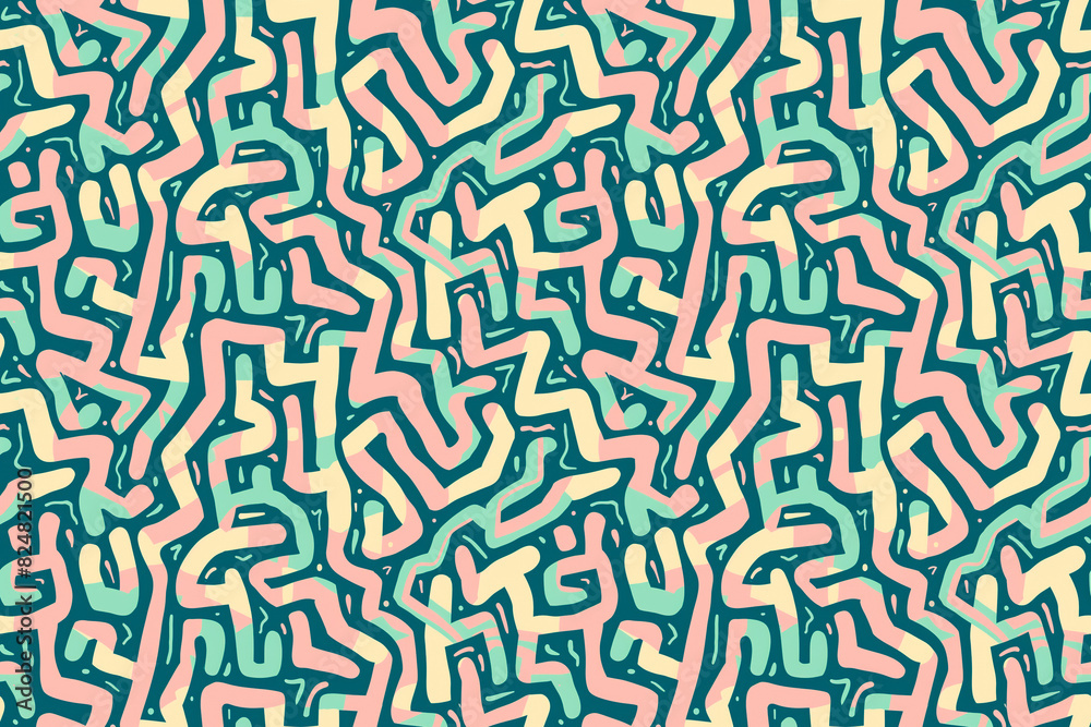 A colorful and playful abstract pattern with intertwining lines on a pastel background creates a seamless tile, ideal for fun and creative decorations. Includes ample copy space for text. A colorful and playful abstract pattern with intertwining lines on a pastel background creates a seamless tile, ideal for fun and creative decorations. Includes ample copy space for text.